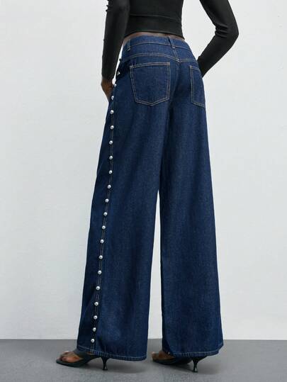 Maija 女士休闲时尚街头朋克风铆钉装饰宽松阔腿牛仔裤