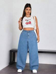 SHEIN ICON 大码纯色休闲牛仔裤 - 淺色水洗藍 - 查看 6