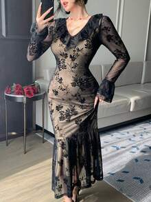 DAZY Elegante vestido vintage francés con cintura plisada, ajustado, con abertura y volantes de encaje en el bajo para mujeres - Negro - Ver 2