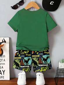 2pcs/Set Toddler Boys' Casual Dinosaur Silhouette, Footprint, Line Design, Letter Graphic Print Short Sleeve T-Shirt And Shorts Set, Comfortable Daily Wear, Cozy Summer Styles Suitable For Spring And Summer Toddler Boy Clothes Summer Sets Boy Zoo Outfit Dinosaur Toddler Boy Outfit - Multicolor - View 2