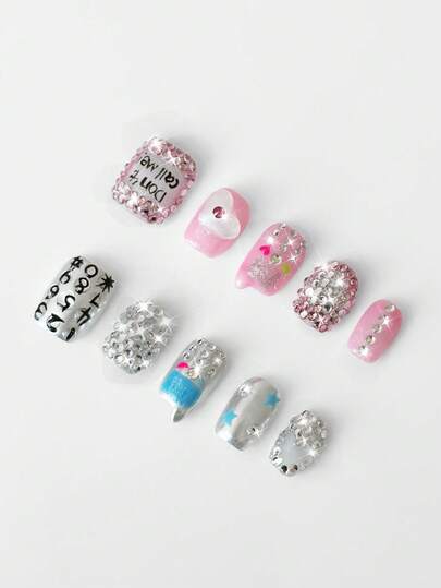 Anime 10 Stücke Y2K-farbige handbemalte Maniküre + 3 Stücke doppelseitiges Klebeband, hochwertige Strass-Fake-Nägel, personalisierte 3D-Handschutz-Rüstung für Handy, ganzjährig wiederverwendbar, geeignet für den täglichen Gebrauch, Dates, Partys