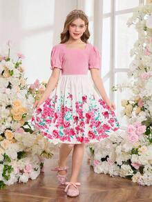 SHEIN Girls' White And Pink Elegant Square Neck Puff Sleeve Bowknot Removable Back Maxi Dress,Casual Summer Birthday Party Vacation Style Travel Beach - Multicolor - View 5