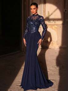 Glamrae Elegant Navy Blue Luxurious 3D Beaded & Sequin Embroidered Asymmetrical Neck Sheer Long Sleeve Ruched Fishtail Formal Gown, Suitable For All Formal Occasions - Navy Blue - View 7