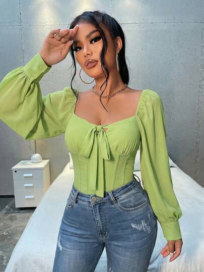 SHEIN SXY Spring/Summer Sweetheart Neckline Tie Front Green Long-Sleeved Chiffon Blouse