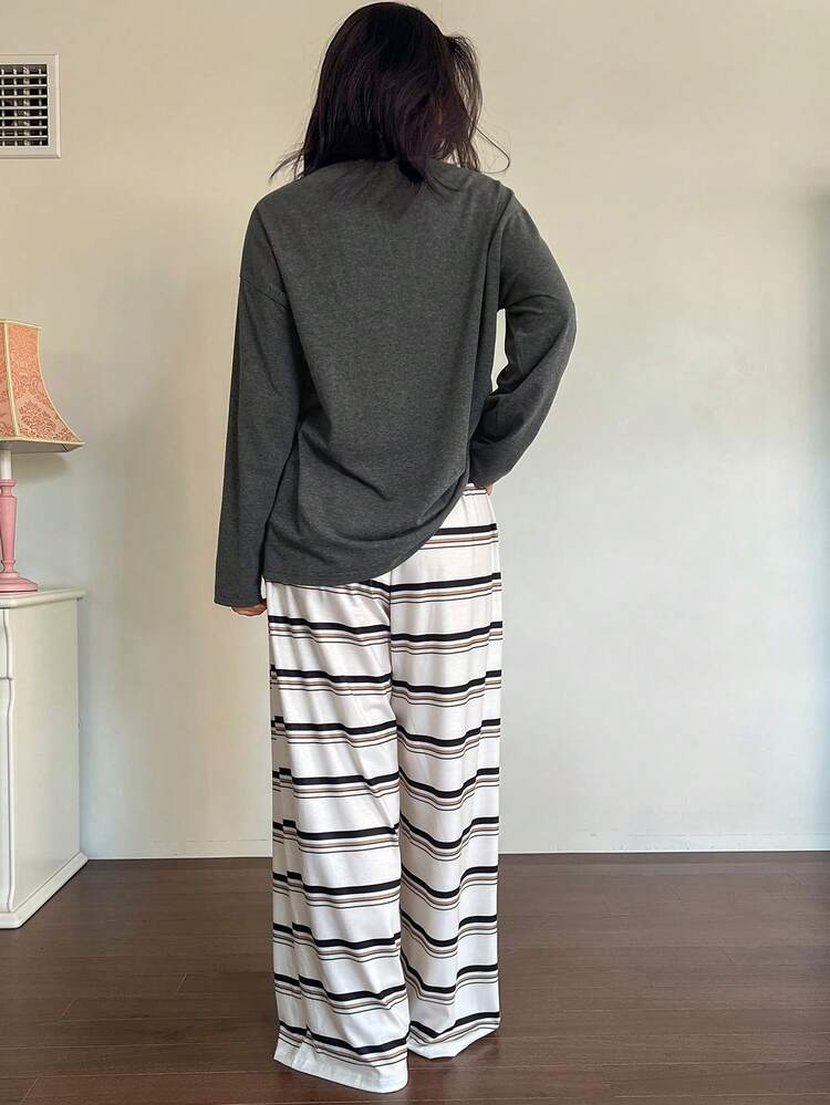 Letter & Dog Graphic Print Loose T-Shirt Top Paired With Striped Pajama Pants Women Sleepwear Set