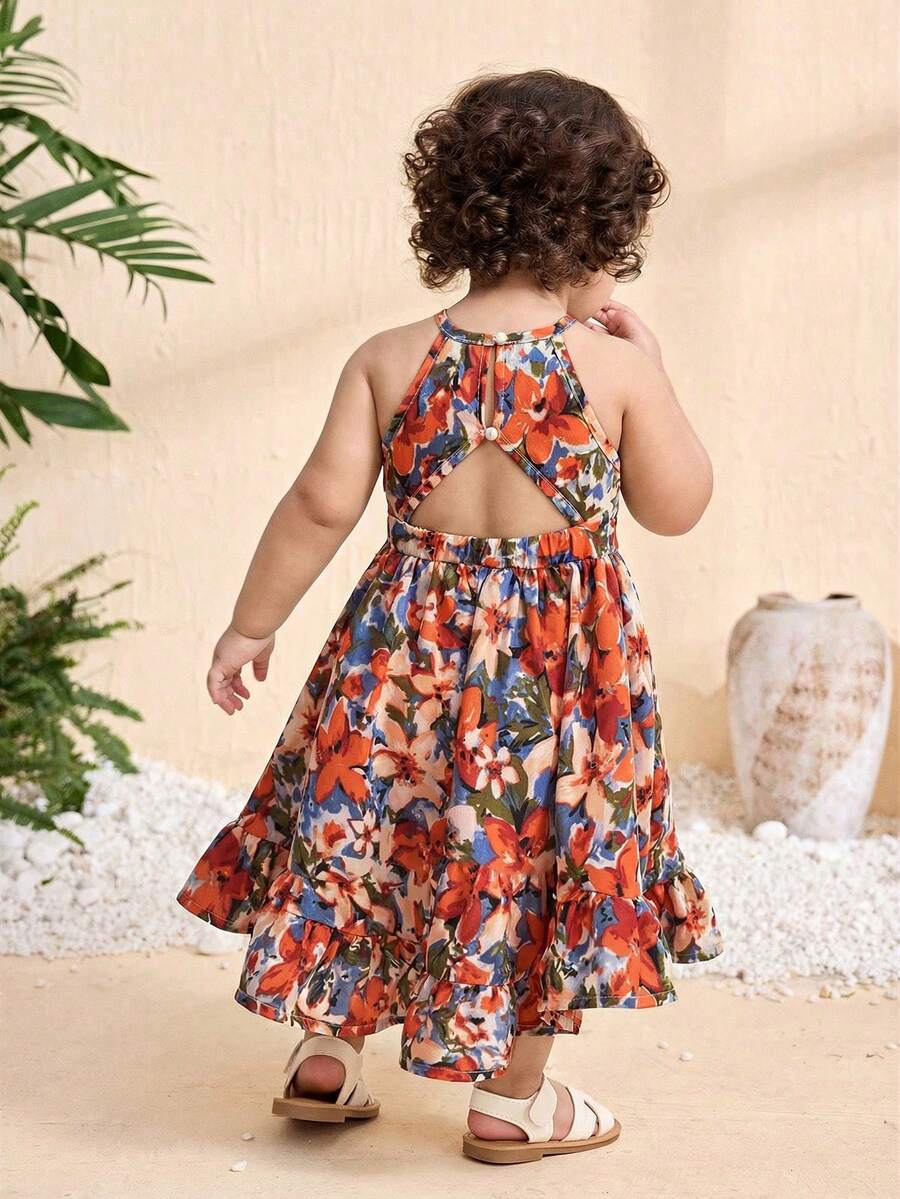 Travachic KIDS Babygirl Elegant & Cute Floral Print Sleeveless Dress, Summer Vacation - White - View 1