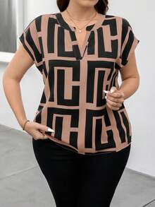 SHEIN Clasi Plus Size Elegant Geometric Print Blouse, Suitable For Professional And Teacher Outfits - Khaki - View 4