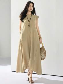 Heiryn 女士纯色圆领不对称下摆休闲百搭连衣裙 - 卡其色 - 查看 4