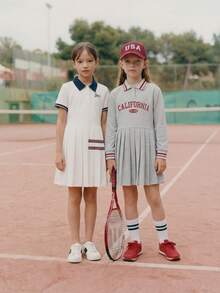 Casuvi Kids Abito casual da ragazza con colletto polo a blocchi di colore, stampa a cuori e lettere, vestibilità morbida, comodo per primavera, estate, autunno, adatto per uso quotidiano, feste di compleanno, eventi scolastici, raduni familiari e occasioni formali - Multicolore - Visualizzare 2