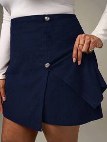 SHEIN Tall CURVE Quần short/váy nhung kẻ màu trơn, kiểu dáng thanh lịch, cỡ lớn, phù hợp cho mùa thu/đông. - Xanh đậm - Xem 3