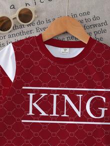 SHEIN Playful Pals 一套男婴休闲时尚简约“KING”字母和几何印花短袖圆领T恤和短裤套装，适合户外运动穿着，春夏款。 - 彩色 - 查看 5
