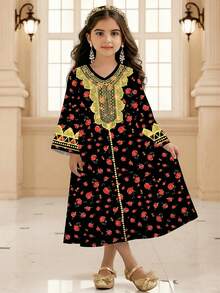 SHEIN 优雅复古印花V领长袖宽松连衣裙，适合春夏、节日、庆典等场合，尽显公主风范、优雅气质，也适合日常穿着和外出活动。节日快乐！ - 彩色 - 查看 2