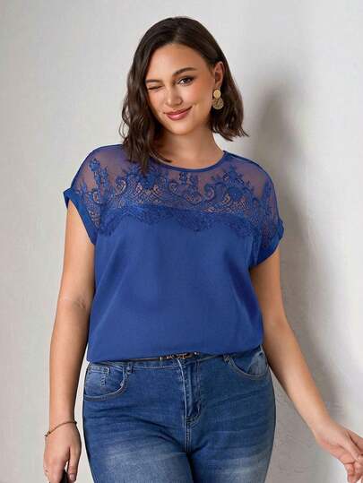 Chikora Plus Size Solid Color Lace Patchwork Round Neck Elegant Short Sleeve Blouse
