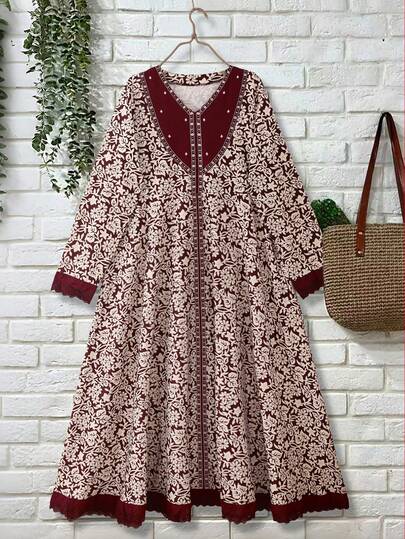 SHEIN Franclia فستان ماكسي أنيق بطبعة زهور وأكمام فانوس بياقة على شكل حرف V للنساء