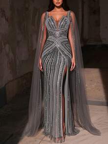 Aureia 优雅奢华的鼠尾草绿串珠亮片雪纺袖美人鱼连衣裙，适合婚礼、派对、度假、舞会、晚礼服（重工装饰） - 草綠色 - 查看 6