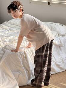 DAZY Tween Boy Solid Color Crew Neck Short Sleeve Top And Plaid Print Pants Pajama Set Spring Summer - Apricot - View 7