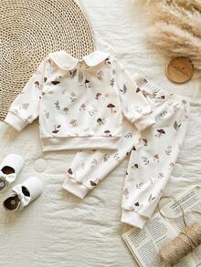 SHEIN Vintaside Kids Baby Girls Knitted Sweatshirt & Pants Set, Mushroom Pattern, Beige, Long Sleeve, Pullover, Spring/Autumn Vestidos Elegantes Para Fiesta Christmas - Apricot - View 2