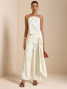 SHEIN Veneréa 女士优雅提花露背吊带上衣和裤子两件套，夏季 - 杏色 - 查看 5