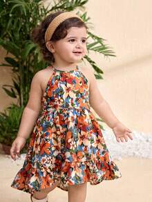 Travachic KIDS Babygirl Elegant & Cute Floral Print Sleeveless Dress, Summer Vacation - White - View 2