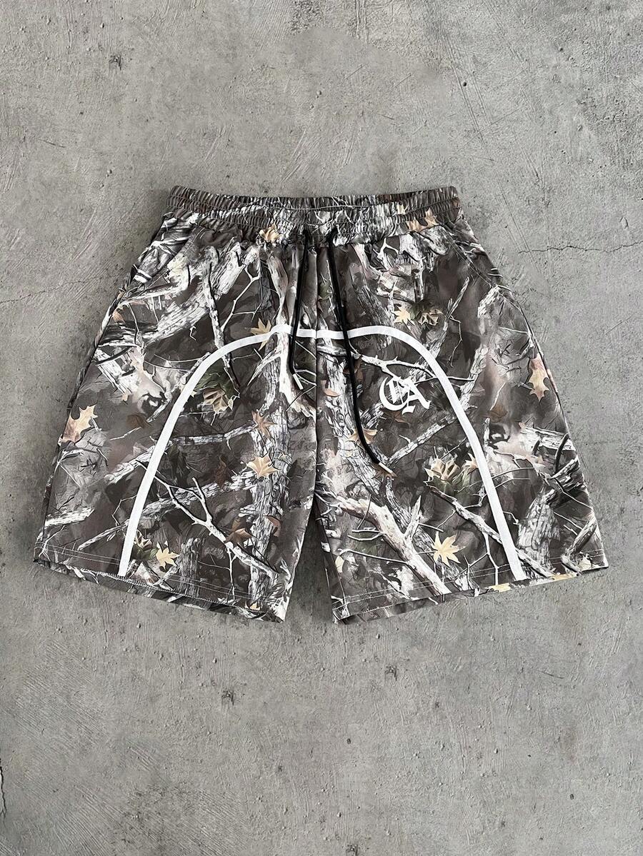 AXEPEAK Men's Summer Casual Fashion Street All-Over Print Contrast Piping Drawstring Waist Shorts - Multicolor - View 1