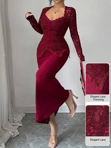 Modelyn 加大码甜心领蕾丝拼接纽扣腰身修身长袖连衣裙 - 酒紅色 - 查看 1