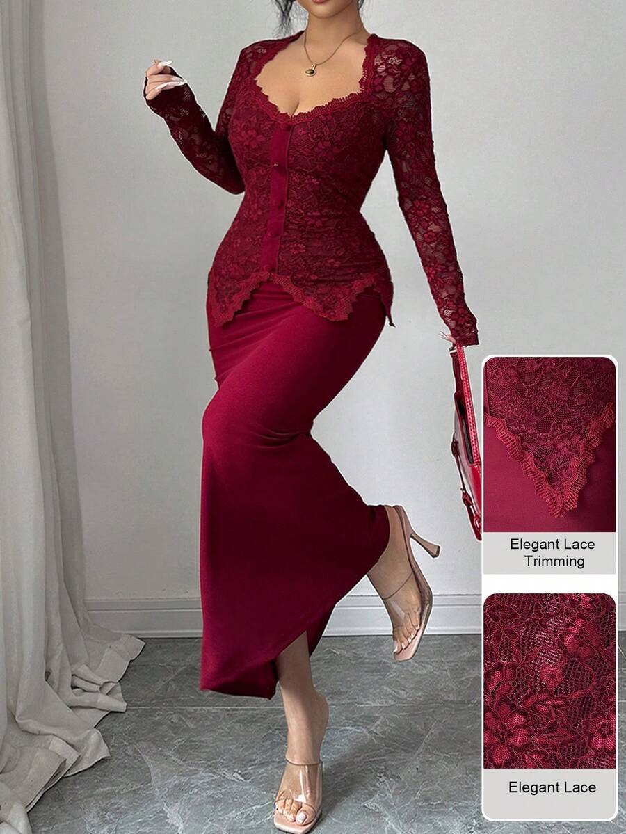 Modelyn 加大码甜心领蕾丝拼接纽扣腰身修身长袖连衣裙 - 酒紅色 - 查看 1