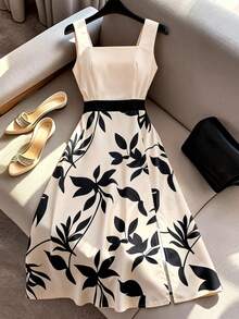 GlowEve 杏色无袖印花修身连衣裙，优雅 - 杏色 - 查看 1