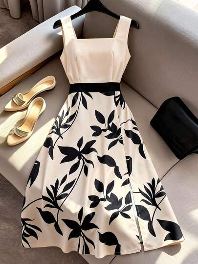 GlowEve 杏色无袖印花修身连衣裙，优雅