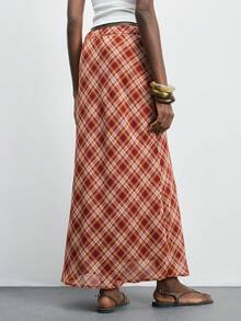 Maija Women's Casual Plaid Skirt Checkered Maxi Skirt Plaid Maxi Skirt Women's Maxi Skirt - Brown - View 3