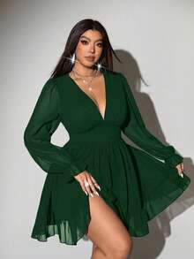 Viva Relle Plus Size Sexy Solid Deep V-Neck Ruched Long Sleeve Dress - Dark Green - View 5