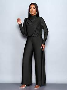 SOLERSUN 女士优雅高领插肩袖垂褶领收腰连体裤，适合秋冬季穿着。 - 黑色 - 查看 5