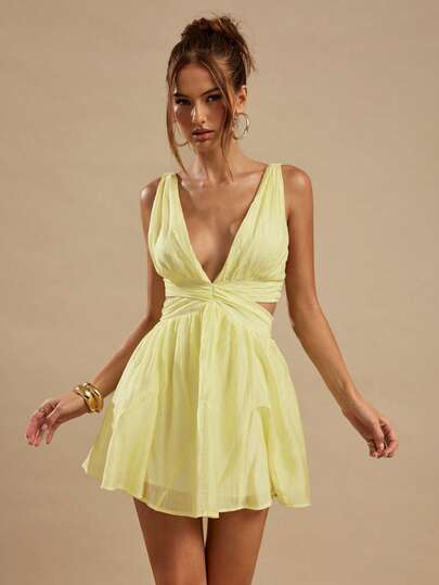 SHEIN BAE Solid Color Yellow Textured Chiffon Lightweight Deep V-Neck Backless Tie Strap Women's Mini Dress, Yellow Dress, Graduation Dress, Beach Vacation Dress