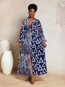 BamGleam Women's Geometric Print Lapel Single-Breasted Split Elegant Waist Dress For Party - Blue and White - View 5