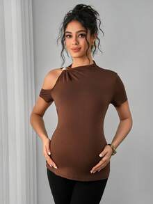 Momance Solid Color Ribbed Long Sleeve Casual Maternity Top With Decorative Buttons - Brown - View 2