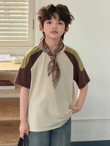 Dazy Kids Tween Boy Summer Casual Daily Commute Fashion Street Letter Print Contrast Raglan Sleeve Loose T-Shirt Spring - Apricot - View 4