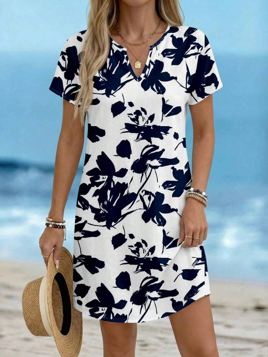 SHEIN LUNE Casual Floral V-Neck Short Dress, Suitable For Spring/Summer - Multicolor - View 1