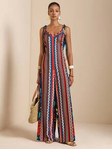 SHEIN Veneréa 女士夏季度假风拼接几何印花打结露肩宽松阔腿连体裤