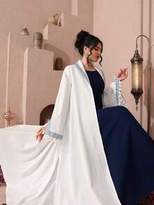 SHEIN Najma 女士白色领口撞色滚边长袖阿拉伯长袍 - 白色 - 查看 3