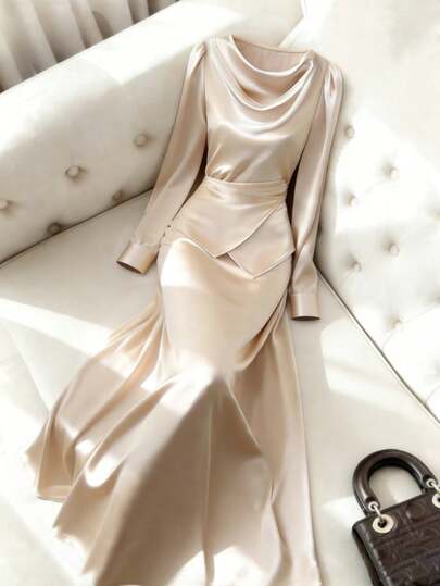 Franclia 女士新款优雅时尚纯色绉纱腰带两件套套装，修身显瘦