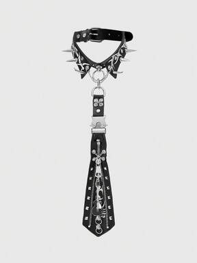 Grunge Punk 1pc Black Y2K Punk Style Rivet Zipper Metal Skull & Letter Print Unisex Necktie, Goth Dark Accessories, Unique Personalized Decor