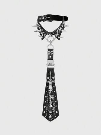 Grunge Punk 1pc Black Y2K Punk Style Rivet Zipper Metal Skull & Letter Print Unisex Necktie, Goth Dark Accessories, Unique Personalized Decor