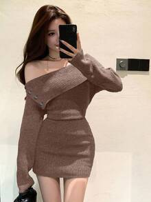 DAZY Robe pull mini asymétrique élégante avec grand col et design épaules dénudées, convient pour l'automne et le printemps Y2K