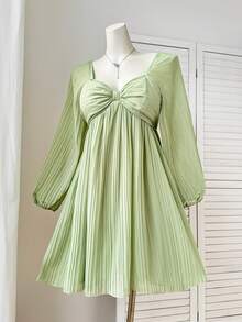 Comfortcana Plus Size Casual Pleated Long Sleeve Dress, Autumn/Winter - Green - View 3