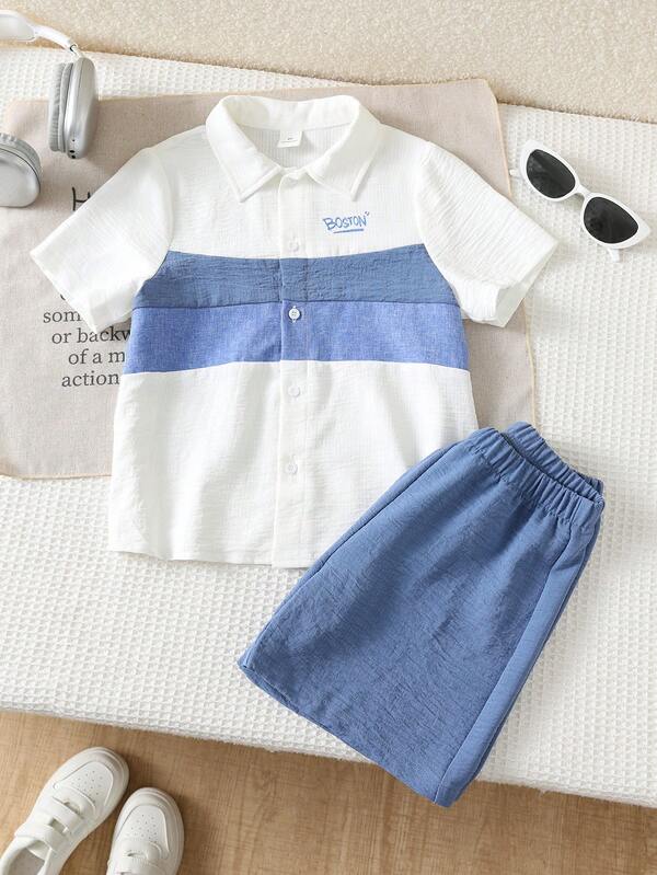 SHEIN 2pcs/Set Young Boys Letter Graphic Color Block Polo Collar Short Sleeve Cardigan And Solid Color Casual Shorts, Toddler Boys Shirt Outfit,Toddler Boy Clothes,Toddler