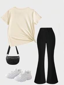 Young Girls' Cute Summer Back-To-School 2 Piece Set,Beige Short Sleeve Bow Pattern T-Shirt With Black Flare Pants,Teen Girl School Bell Bottom Outfits - Multicolor - View 2