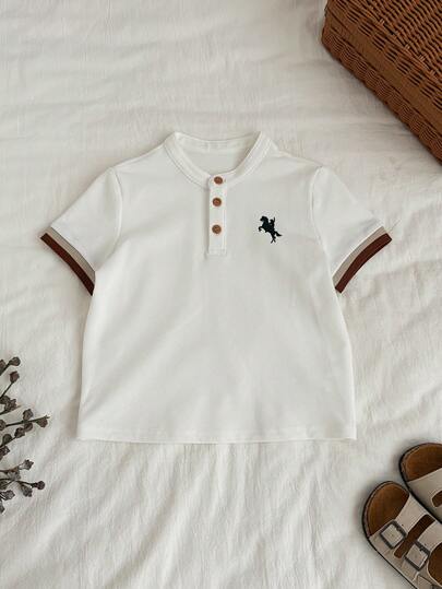 Young Boy Casual Khaki Webbing White Collar Polo Shirt, Suitable For Birthday Party, Rave, Evening Party, Performance, Wedding