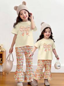 2pcs Baby Girls Loose Apricot Round Neck Short Sleeve T-Shirt + Floral Print Bowknot Leggings Set, Suitable For All Seasons, Casual Cute Outfit For Spring, Summer, Autumn, Winter 100 Cotton Baby Girl Outfit Baby Girl Princess Casual Pant Sets Toddler Sets Summer Baby Girl Summer Clothes Baby Girls Sets Baby Girls Two Piece Set - Apricot - View 6