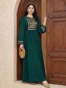 SHEIN 少女橄榄绿拼布印花图案金色丝带休闲连衣裙 - 墨綠色 - 查看 7