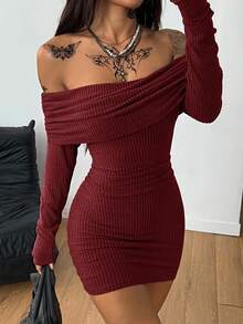 Coolane Women's Spring Concert Outfit Streetwear Y2K Party Daily Wear Date Night Casual New Years Rib Knit Stretchy Bustier Burgundy Off The Shoulder Mini Dress For Elegant - Burgundy - View 1