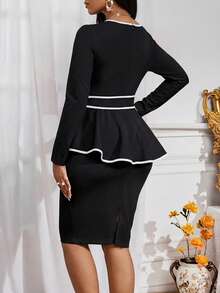 SHEIN Lady 秋冬季优雅女装礼服 舞会礼服 音乐会女装 优雅撞色拼接修身中长连衣裙 女装 秋季女装 - 黑色 - 查看 2